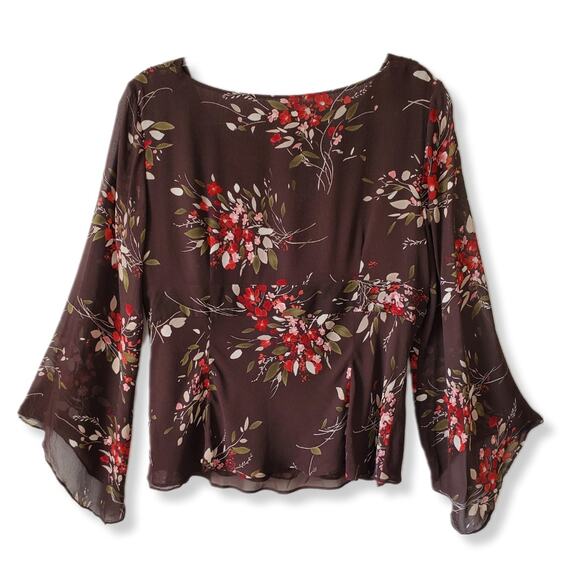 Women 90s Y2K Nature Fairy Goblincore Silk Blouse Top M  Brown Floral Sheer - Picture 7 of 14